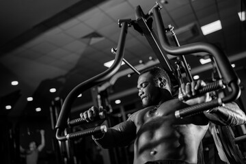 African sportsman with perfect body trains on sport equipment. Dark light background. Black and white photo.