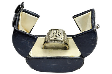 antique silver seal ring in vintage ring box isolated on white background