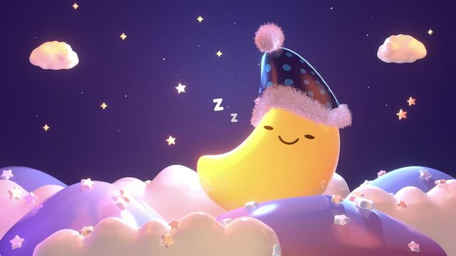 Looped cartoon smiling and sleepy moon wearing a nightcap with fluffy pom pom on the clouds at night animation.