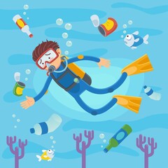 Scuba divers swimming on coral reefs and fish. Vector illustration of pollution at sea
