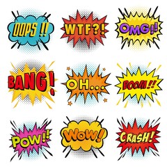 Collection of Sound effects wording comic speech bubble in pop art style and half tone background