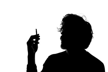 Monochrome silhouette of a smoking man isolated on white background.