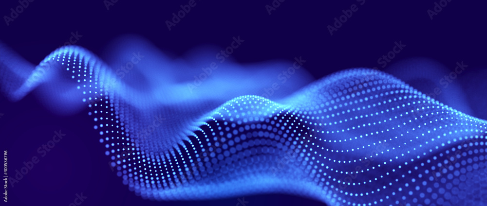 Poster Futuristic background of points with a dynamic wave. Excellent data visualization. 3D rendering.