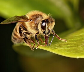 Macro photograph of a honeybee drinking from a leaf.