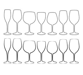 Set of glass goblets for wine and drinks. Isolated on white background illustration.