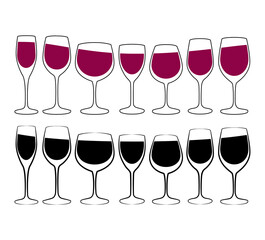 Set of glass goblets for wine and drinks. Isolated on white background illustration.