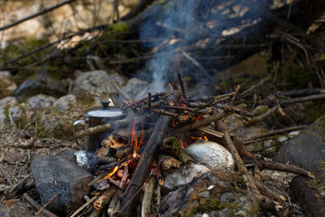 Cooking food in the open air. Camping.