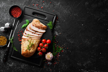 Baked pork meat with spices. Top view. Free space for text.