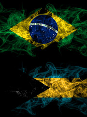 Brazil, Brazilian vs Bahamas, Bahamian smoky mystic flags placed side by side. Thick colored silky abstract smoke flags.