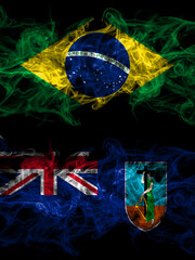Brazil, Brazilian vs British, Britain Montserrat smoky mystic flags placed side by side. Thick colored silky abstract smoke flags.
