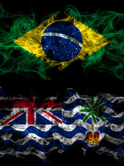 Brazil, Brazilian vs British, Britain, Indian Ocean Territory smoky mystic flags placed side by side. Thick colored silky abstract smoke flags.