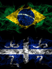 Brazil, Brazilian vs France, French, Martinique smoky mystic flags placed side by side. Thick colored silky abstract smoke flags.
