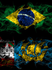 Brazil, Brazilian vs France, French, Saint-Pierre and Miquelon smoky mystic flags placed side by side. Thick colored silky abstract smoke flags.
