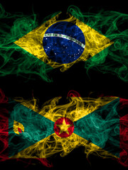 Brazil, Brazilian vs Grenada smoky mystic flags placed side by side. Thick colored silky abstract smoke flags.