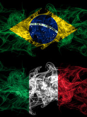 Brazil, Brazilian vs Italy, Italian smoky mystic flags placed side by side. Thick colored silky abstract smoke flags.