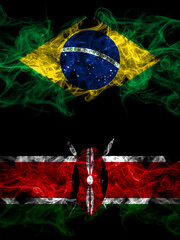 Brazil, Brazilian vs Kenya, Kenyan smoky mystic flags placed side by side. Thick colored silky abstract smoke flags.