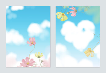 Floral poster template design, pink and yellow cosmos flowers with blue sky and cloud