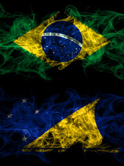 Brazil, Brazilian vs New Zealand, Tokelau smoky mystic flags placed side by side. Thick colored silky abstract smoke flags.
