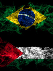 Brazil, Brazilian vs Palestine, Palestinian smoky mystic flags placed side by side. Thick colored silky abstract smoke flags.