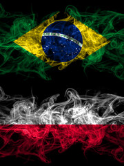 Brazil, Brazilian vs Poland, Polish, Pole smoky mystic flags placed side by side. Thick colored silky abstract smoke flags.