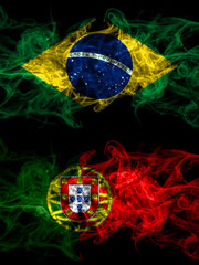 Brazil, Brazilian vs Portugal, Portuguese smoky mystic flags placed side by side. Thick colored silky abstract smoke flags.