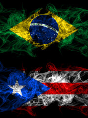 Brazil, Brazilian vs Puerto Rico smoky mystic flags placed side by side. Thick colored silky abstract smoke flags.