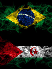 Brazil, Brazilian vs Sahrawi smoky mystic flags placed side by side. Thick colored silky abstract smoke flags.