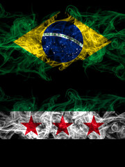 Brazil, Brazilian vs Syria, Syrian Arab Republic, three stars smoky mystic flags placed side by side. Thick colored silky abstract smoke flags.