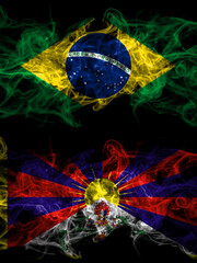 Brazil, Brazilian vs Tibet, Tibetan, China, Chinese  smoky mystic flags placed side by side. Thick colored silky abstract smoke flags.