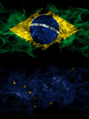 Brazil, Brazilian vs United States of America, America, US, USA, American, Alaska, Alaskan smoky mystic flags placed side by side. Thick colored silky abstract smoke flags.