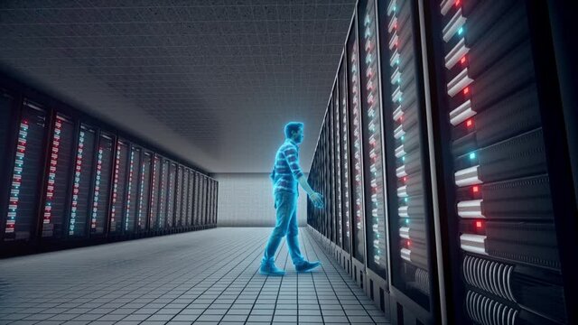 Database Adminstrator Front of big Server. High quality 4k footage