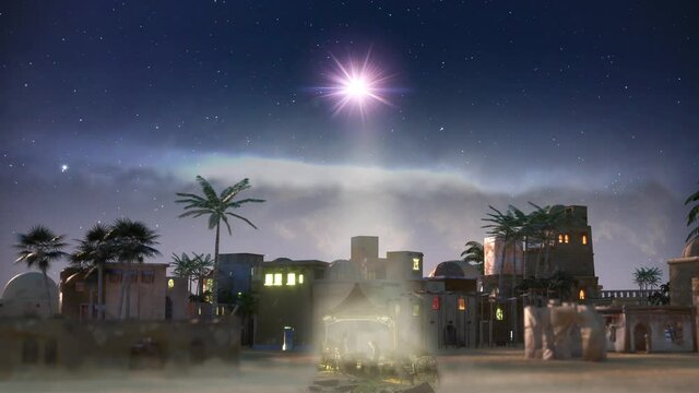 The star shines over the manger of christmas of Jesus Christ, 3d render