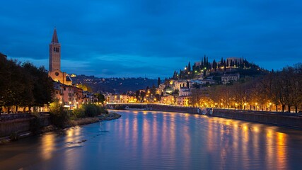 Fototapeta na wymiar Verona, Adige River in the sunset, Italy, cityscape