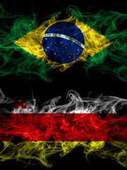 Brazil, Brazilian vs United States of America, America, US, USA, American, Santa Barbara, California smoky mystic flags placed side by side. Thick colored silky abstract smoke flags.