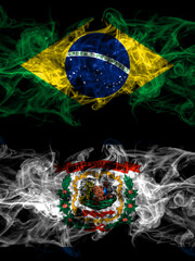 Brazil, Brazilian vs United States of America, America, US, USA, American, West Virginia smoky mystic flags placed side by side. Thick colored silky abstract smoke flags.