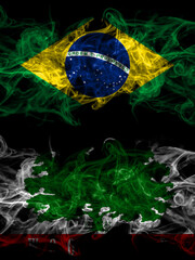 Brazil, Brazilian vs United States of America, America, US, USA, American, Woodland, California smoky mystic flags placed side by side. Thick colored silky abstract smoke flags.