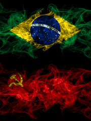 Brazil, Brazilian vs USSR, Soviet, Russia, Russian, Communism smoky mystic flags placed side by side. Thick colored silky abstract smoke flags.