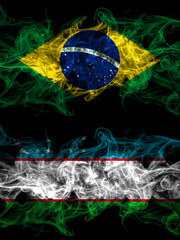 Brazil, Brazilian vs Uzbekistan smoky mystic flags placed side by side. Thick colored silky abstract smoke flags.
