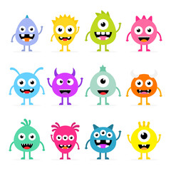 Set of cartoon cute monsters. Halloween design vector illustration isolated on white background