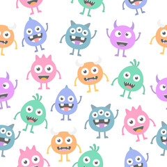 Seamless pattern cartoon cute monsters background. Halloween design vector illustration isolated on white background