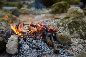 Pork ribs cooked on the grill at the campsite