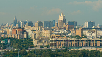 Moscow cityscape in summer sunny day. The highest building is the Ministry of Foreign Affairs (MFA)...