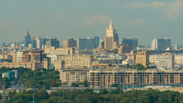 Moscow cityscape in summer sunny day. The highest building is the Ministry of Foreign Affairs (MFA) building. View from above. High resolution image.