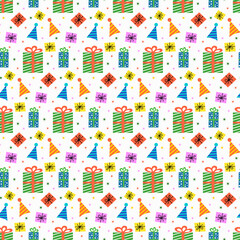 Festive pattern with colorful gifts. Vector illustration isolated on white background. For packaging, fabric, scrapbooking and decoration.