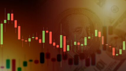 Graph on the background of US dollars. Graph is gradually falling. Concept - trading on the financial exchange. Trading in the financial market. Concept - exchange broker. Change in stock value