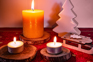 Christmas candle, tree, and sledge