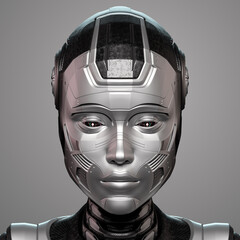 3D render of a very detailed robot face or technological cyborg head. Front view isolated on grey background