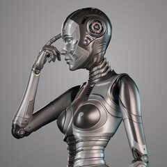 3d render of a very detailed robot woman or futuristic cyber girl touching her forehead or suggesting to use your brain, side view of the upper body isolated on color background