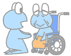 車椅子に座る老カエルとお世話するカエル（青色）