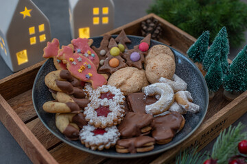 Traditional home made German Christmas Cookies on a festive table